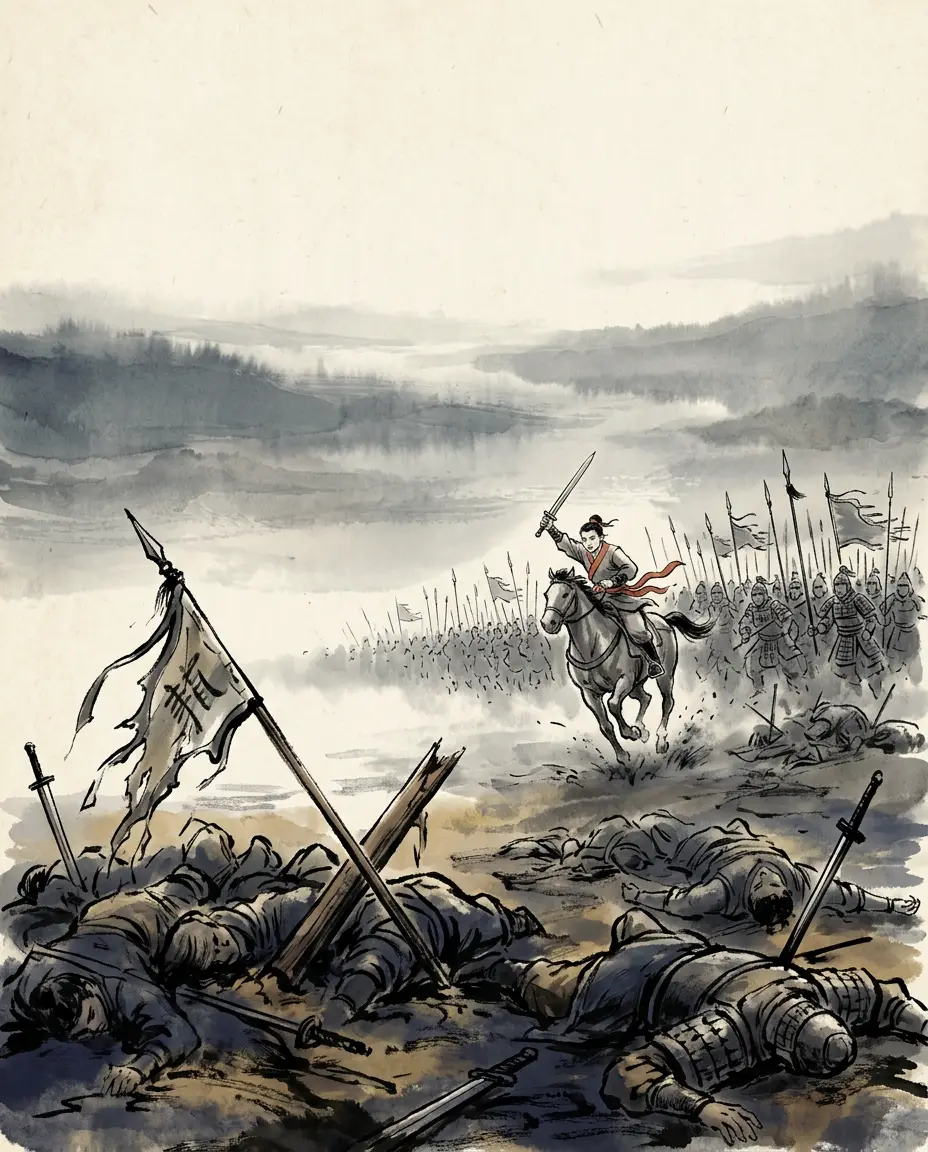 Panel 12: Zhuge Zhan died on the field, aged thirty-seven. His son Zhuge Shang said: father and son received the state's favour, and we did not cut down Huang Hao sooner — for what, then, should we live? — and rode his horse alone into the Wei ranks and died. Zhang Zun, grandson of Zhang Fei, and Huang Chong, son of Huang Quan, fell in the same battle. Mianzhu was the last battle of Shu-Han.