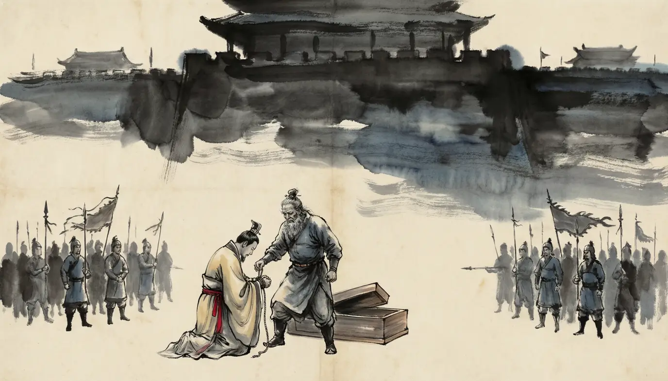 Panel 13: Chengdu still had walls and men, but no plan. Some urged flight to the south, some flight east to Wu; Qiao Zhou argued for surrender to Wei, and his argument carried. Liu Shan came out with a coffin and bound himself, and gave up the city north of the walls. Deng Ai loosed the bonds and burned the coffin, and received Chengdu.