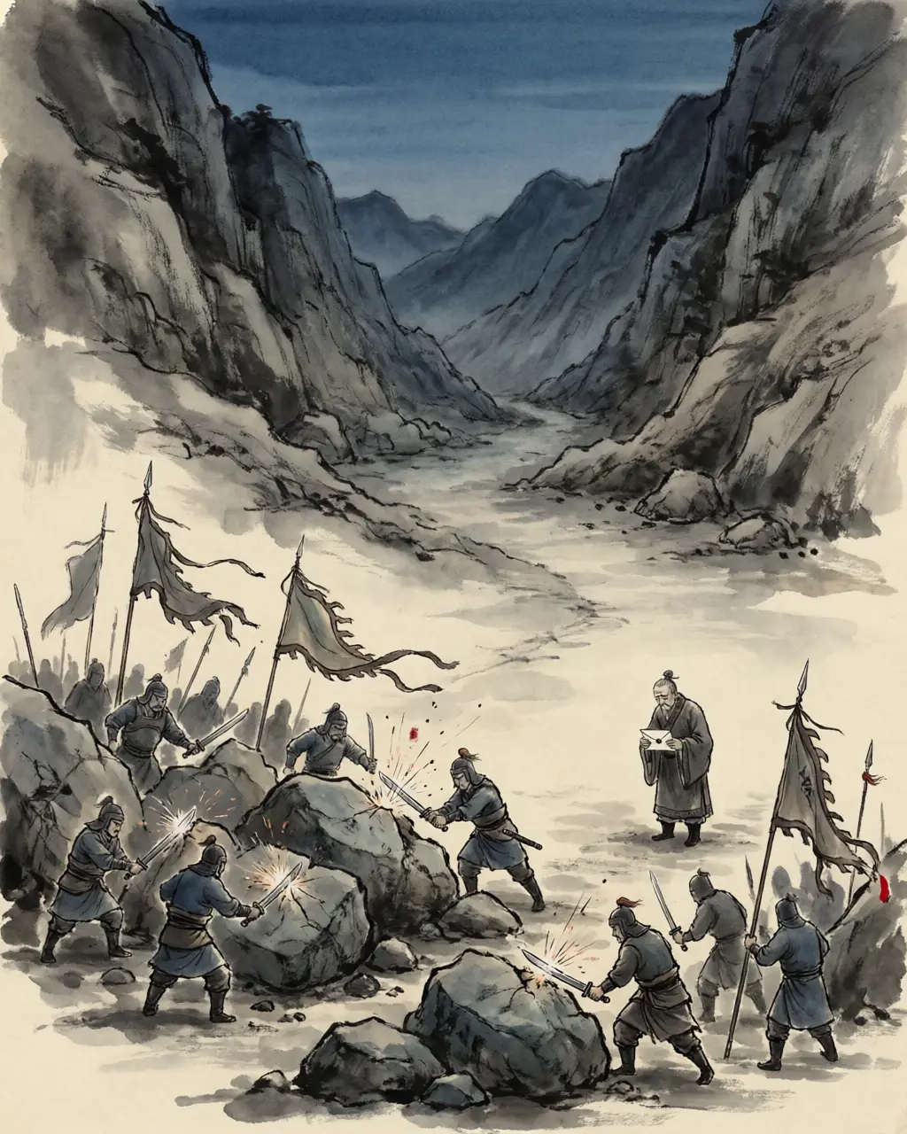 Panel 14: At Jiange, unbowed and undefeated, Jiang Wei received his own emperor's order to lay down his arms. His officers raged and drew their swords and hacked at stones. Jiang Wei went down to Zhong Hui at Fu County; Zhong Hui handed back seals and batons, gave him a seat in his own carriage, and said that among the famous men of the Central Plains this man had no better. Conqueror and conquered were already plotting together.