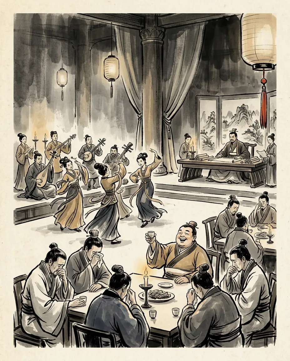 Panel 15: A year later, at a feast in Luoyang, Sima Zhao had the music and dancers of Shu performed. Every former Shu minister present was moved; Liu Shan laughed and drank as if nothing had happened. Asked whether he missed Shu, he answered: I am happy here; I do not miss Shu. Later, schooled by Xi Zheng, he tried grief, saying his fathers' graves lay in Shu; Sima Zhao saw through it at once, and Liu Shan owned the words were not his own — and the whole court laughed.