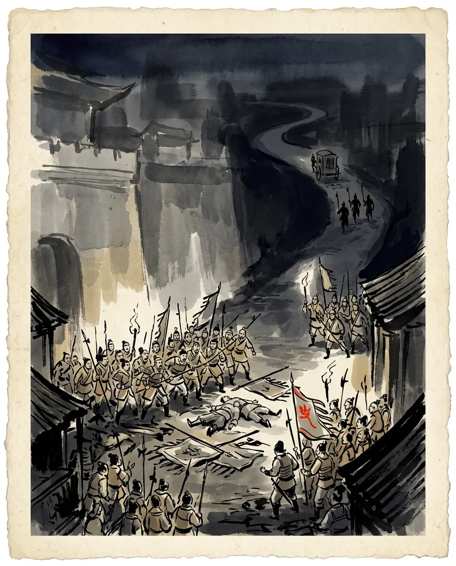Panel 16: None of the three who were sent against Shu lived long after it. In the first month of 264 Zhong Hui raised his rebellion at Chengdu with Jiang Wei at his side; the soldiers mutinied, and both died in the streets. Deng Ai, already under arrest and on his way to Luoyang in a prisoner's cart, was overtaken and killed on the road. Shu-Han was gone; the men who killed it followed within months.