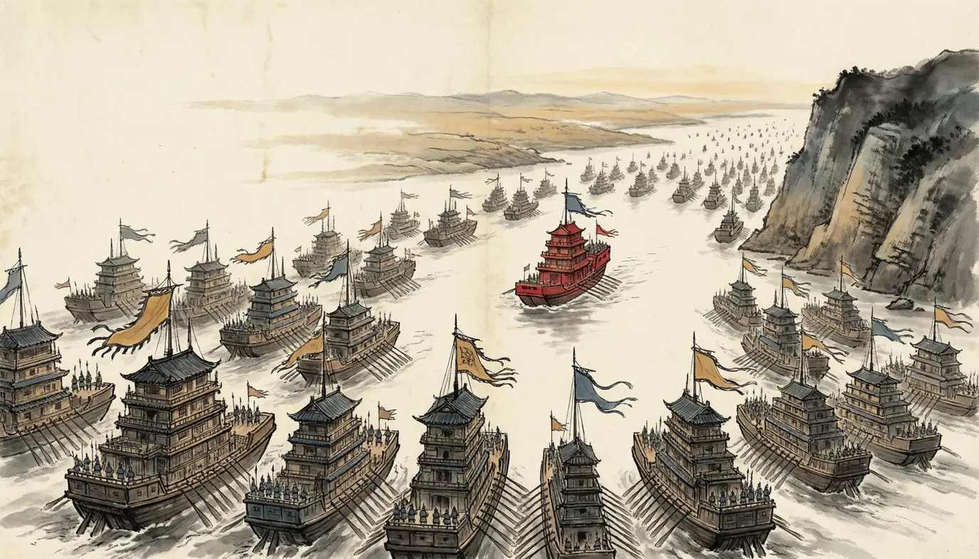 At dawn a vast fleet of tower ships comes down the Yangtze out of a gorge under streaming banners, one vermilion flagship in the centre, 280 CE