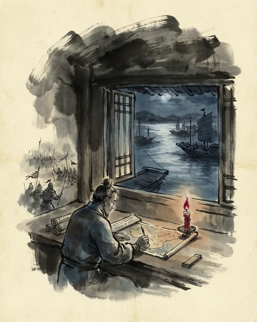 Panel 02: The war was decided years before a single banner moved. At Xiangyang the southern commander Yang Hu held the Wu frontier with patience instead of raids, and asked the court for a fleet built upstream in Yi Province, where Wu could not reach. The man he named to build it was Wang Jun.