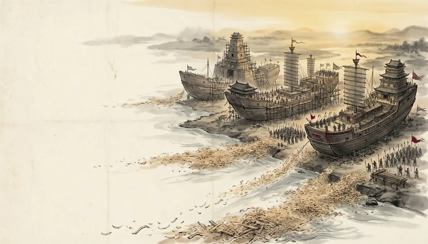 Panel 03: For years the shipyards of Yi Province worked. The greatest vessels were linked hulls a hundred and twenty paces square, carrying two thousand men and more, with towers and parapets built upon them where a horse could be galloped. The shavings from the yards were thrown into the river until they covered the water and drifted east.