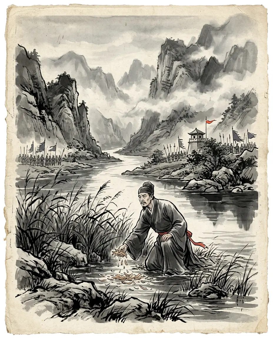 Panel 04: Downstream at Jianping, the prefect Wu Yan pulled the shavings from the water and read them: Jin was building ships in Shu, and the attack would come from upstream. Strengthen Jianping, he said. Sun Hao did not listen.