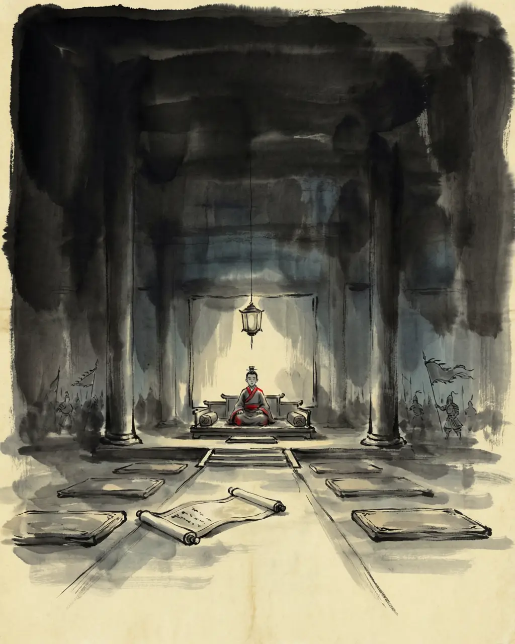 Panel 05: The court that ignored Wu Yan had long stopped listening. Sun Hao, grandson of Wu's founder and its last emperor, had made his palace a place of flayed faces and gouged eyes; his ablest ministers were dead or silent. In 280 the river was held by a state that had already lost the will to hold it.