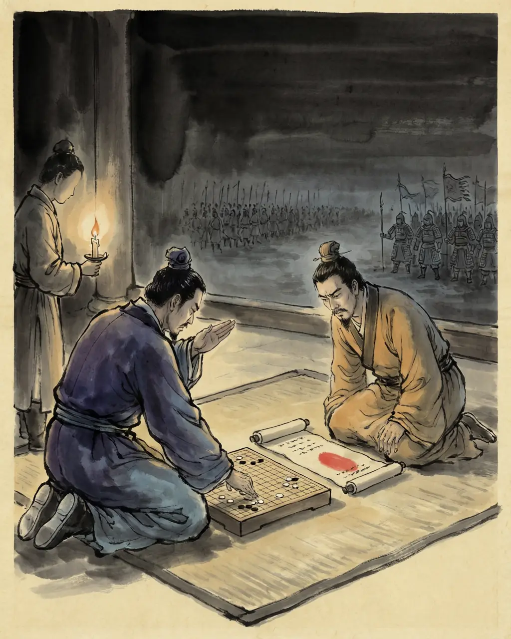 Panel 06: At Luoyang the decision waited longer than the ships. Memorials urging the war piled up at a court where Jia Chong and others still counselled delay. One day Du Yu's memorial arrived while the emperor was at go with Zhang Hua. Zhang Hua pushed the board aside and folded his hands: Your Majesty is sage and martial, the state is rich and strong, Wu's ruler is licentious and cruel — strike now, and it is settled without labour. The emperor agreed.