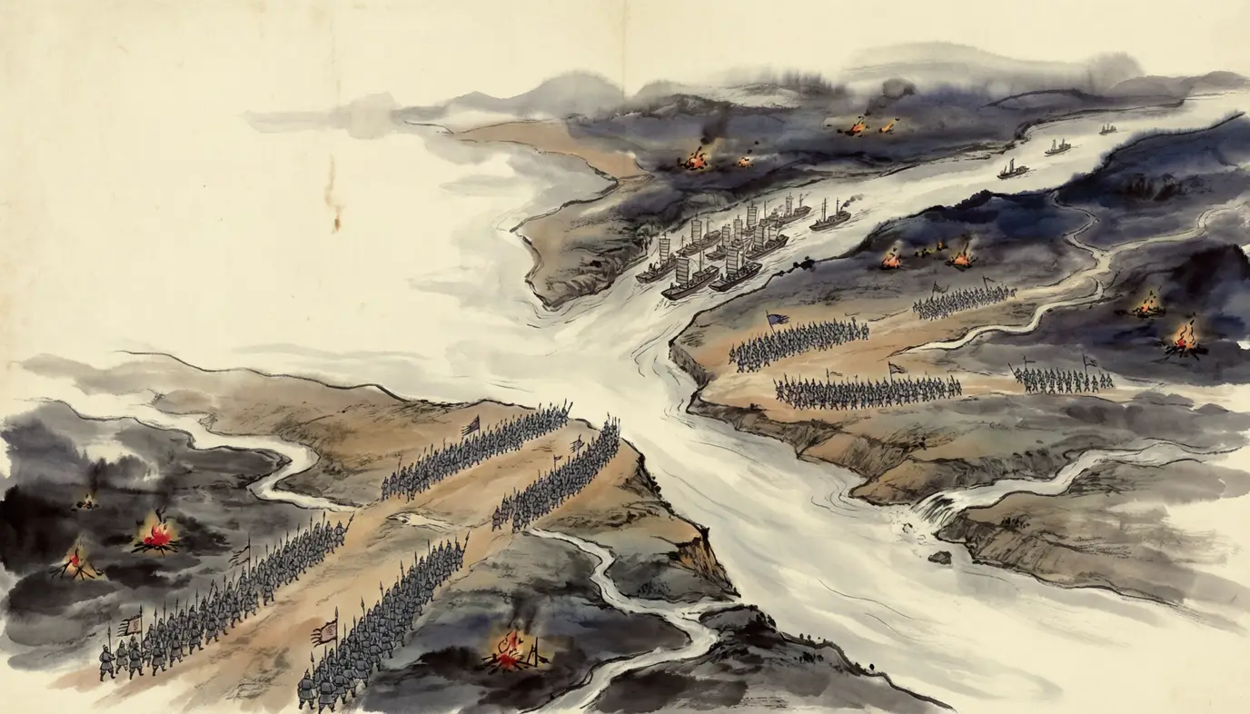 Panel 07: In the eleventh month of 279 the edict for the great campaign went out, and the whole length of the river was attacked at once: Wang Zhou out of Tuzhong, Wang Hun out of Jiangxi, Wang Rong out of Wuchang, Hu Fen out of Xiakou, Du Yu out of Jiangling — and down the upper river from Ba and Shu, Wang Jun and Tang Bin with the fleet. The edict's own arithmetic puts the combined force at over two hundred thousand.
