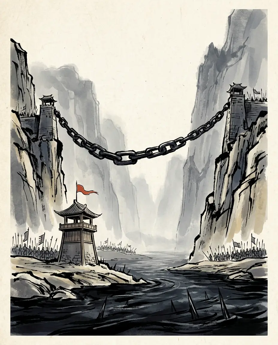 Panel 08: Against the river itself Wu had set iron: chains stretched across it at the dangerous narrows, and beneath the water, spikes of iron a zhang and more in length, planted where the ships must pass. It was the one defence the river could not be outflanked in — and Wang Jun had spent seven years building its answer.