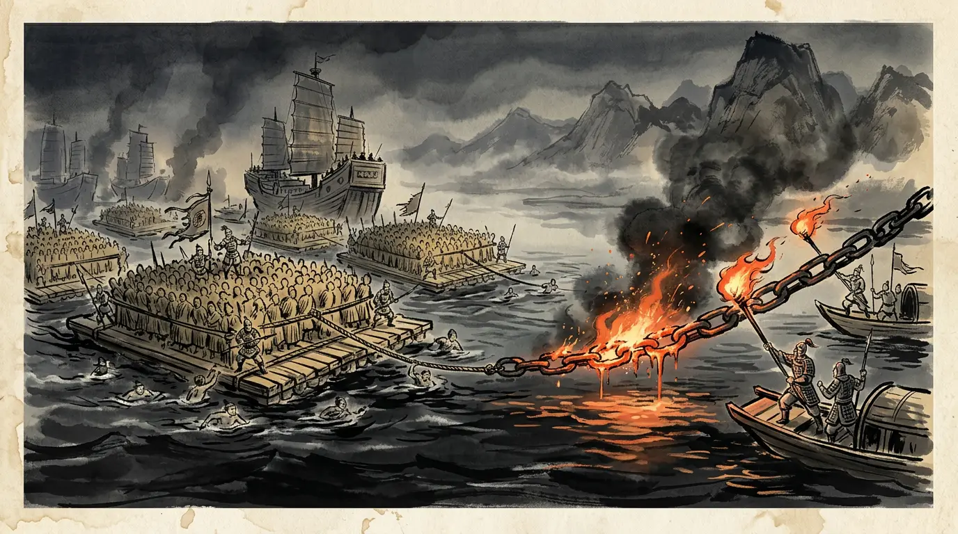 Panel 09: The answer was carpentry and fire. Great rafts a hundred paces and more in square, manned with figures of straw, went ahead with strong swimmers; the sunken spikes caught in them and were dragged out of the channel. For the chains there were torches ten zhang long, drenched in sesame oil — lit against the iron until it melted and snapped, and the fleet passed on without pausing.