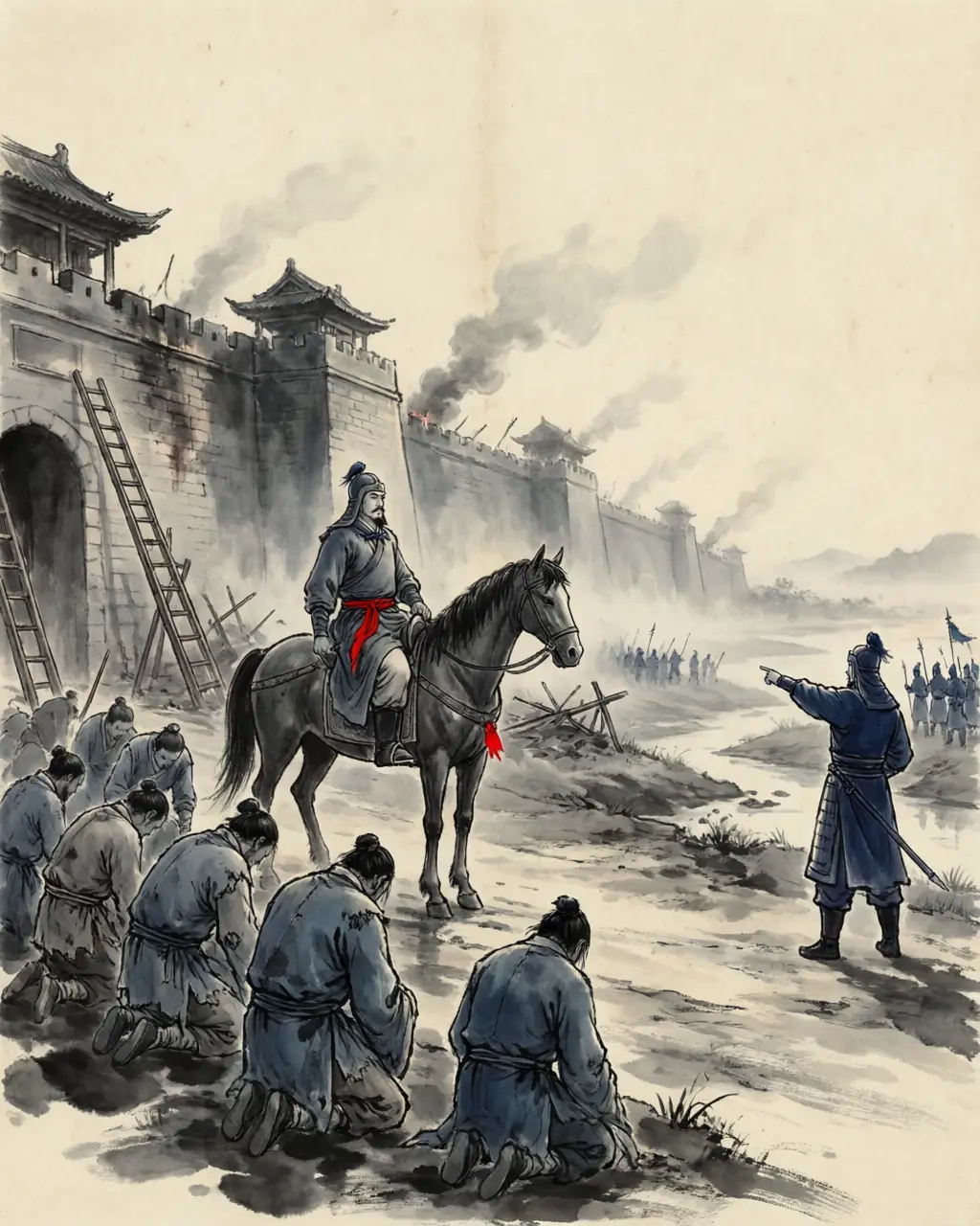Panel 10: In the first month of 280 the middle reach broke. Du Yu came against Jiangling, the key of the whole river; its commander Wu Yan feigned surrender and manned the walls, and Du Yu took the city by assault and killed him. Some generals counselled waiting; Du Yu answered with an image that outlived the war: our momentum is like splitting bamboo — after a few joints, the rest parts to the blade, and there is nothing left to resist.