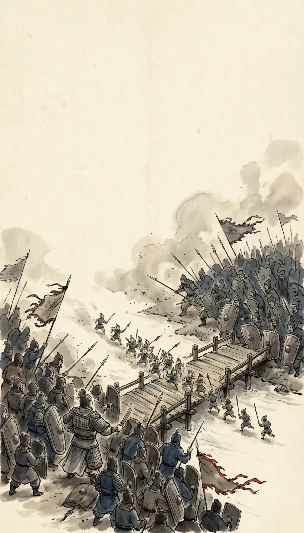 Panel 11: One army still came out to meet them. Zhang Ti, Wu's chancellor, led the last field army — the sources give thirty thousand — across the river against Wang Hun, knowing the war was already lost. If we are defeated, he said, we die together with the altars of state, and there is nothing left to regret. At Banqiao the army was broken, and Zhang Ti died in the field.