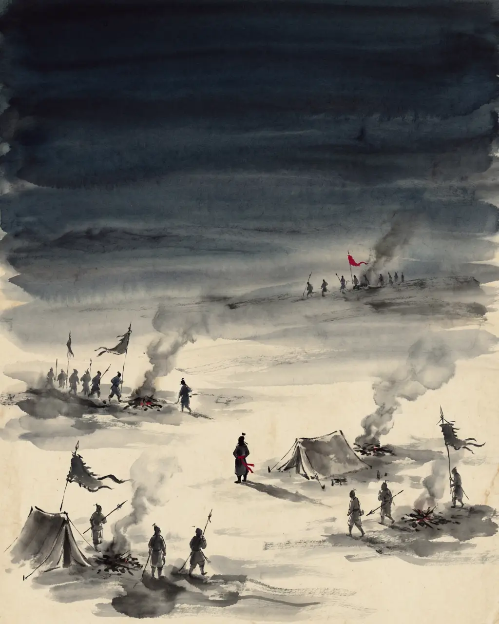 Panel 12: At Jianye the last throw was made of words. Sun Hao asked for a plan and got none. Tao Jun asked to lead out what troops were left, and was given them; the army went out, and that night, without meeting an enemy, it had all fled away — a dynasty's last army, dissolved before battle.