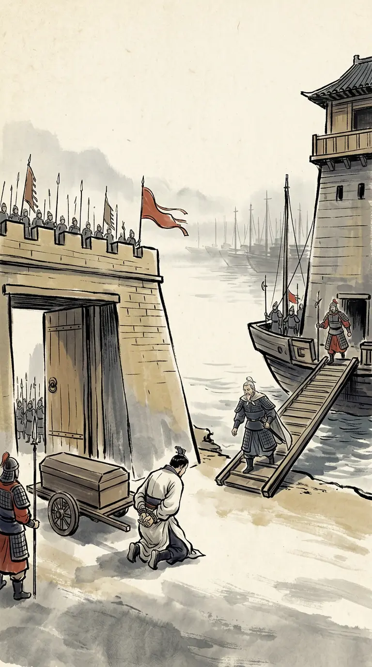 Panel 13: On the renyin day of the third month Wang Jun's fleet reached Shitou, the river fortress of Jianye. The last emperor of Wu came to the army's gate with his hands bound and a coffin borne behind him — the posture of a man already condemned. Wang Jun had him unbound, burned the coffin, and received the surrender; sixty years of division ended with a gesture.