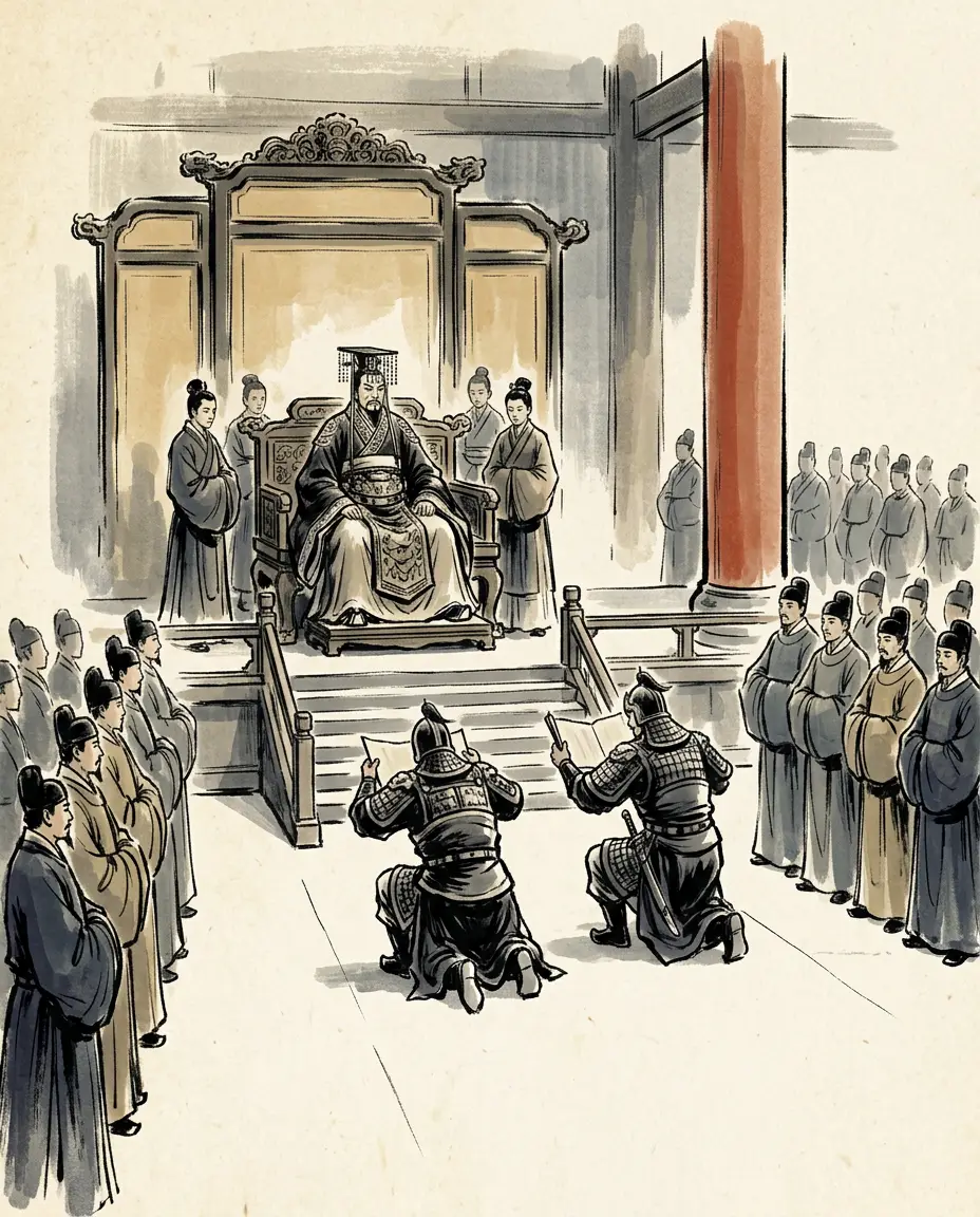 Panel 14: Then the victors quarrelled over the victory. Wang Hun memorialised that Wang Jun had violated the edict and refused his command; Wang Jun answered with his own ledger of services — the chains, the cities, the surrendered emperor. The court never cleanly settled it; Fan Tong's advice to Wang Jun was colder and wiser: never speak of the pacification of Wu.