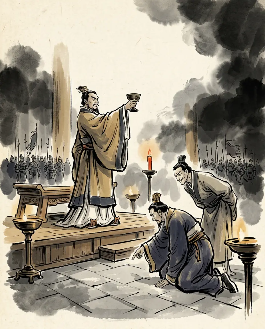 Panel 15: At Luoyang, Sima Yan received the fallen emperor at a banquet, and said: I have kept this seat for you a long time. Sun Hao answered: Your servant too set up a seat in the south to await Your Majesty. When Jia Chong taunted him with the flayings and the gouged eyes, the last emperor of Wu answered again: that is the penalty for subjects who murder their lord or are false to him. Jia Chong had no answer.