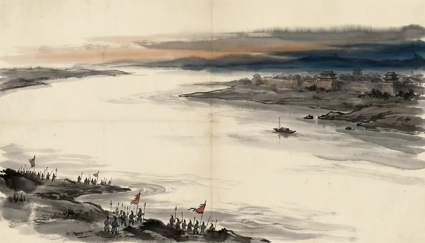Panel 16: The river was one again, from the gorges of Yi Province to the sea at Jianye — and with it, the age that had worn three names since 220. The Three Kingdoms did not end with a last battle; they ended with a burned coffin and a banquet. The unity lasted less than a generation: within a decade the house of Jin was tearing itself apart. The record keeps both — the ending, and what it cost.