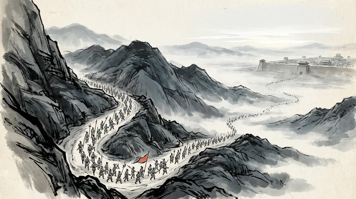 A small rebel army filing down out of a mountain pass onto the plain below the walled Qin capital at dawn, banners over the ramparts, 206 BCE