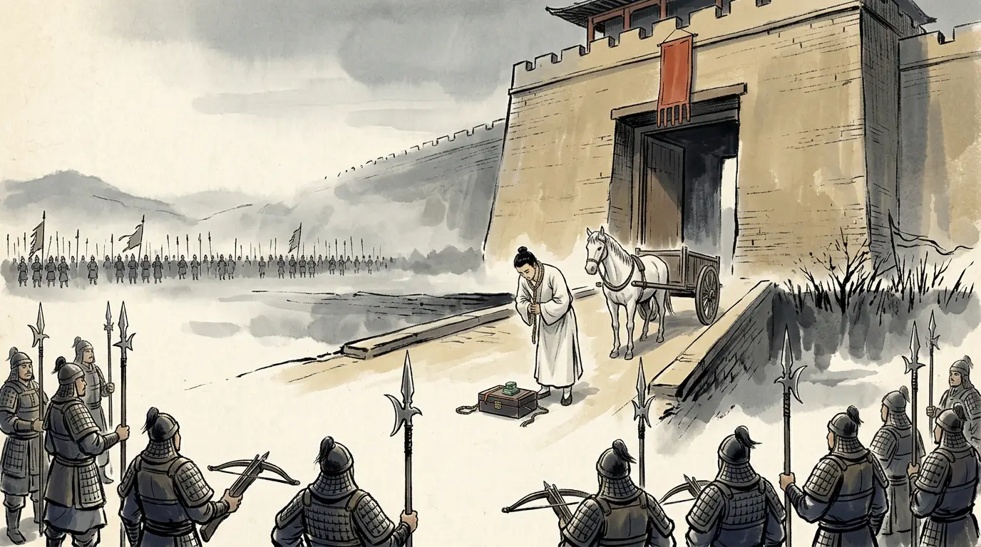 Panel 02: At Zhi Road, outside the city, a young man came out in a white horse and an unadorned cart. A cord went round his neck. In his hands he carried the seals and the tallies of the emperor — because the Qin had stopped calling him emperor forty-six days earlier.