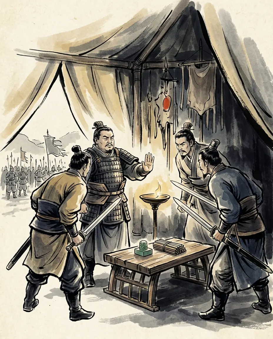Panel 03: Several of the officers said the Qin king had to die. Liu Bang said no, and handed the man over to the officials of the palace with nothing done to him.