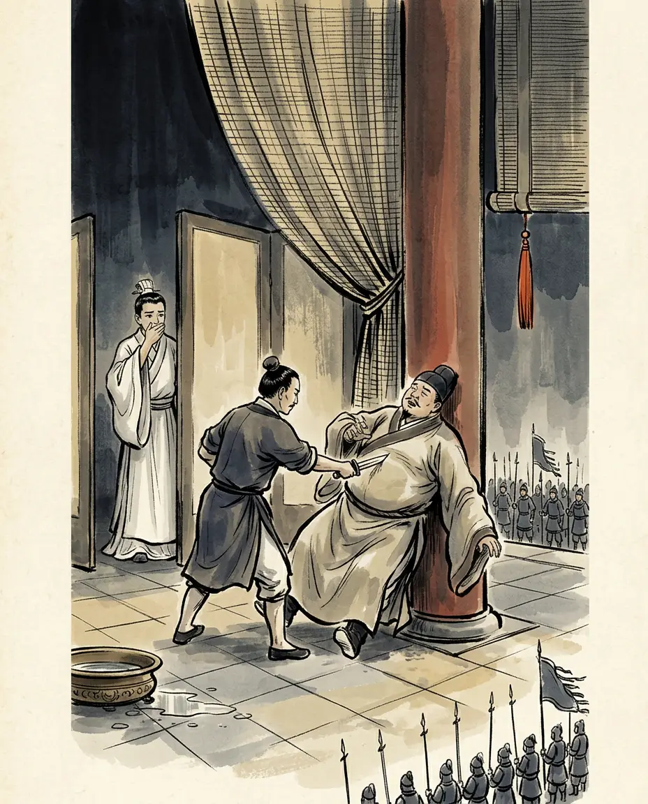 Panel 04: Forty-six days is all the last King of Qin was allowed. He had spent them planning the murder of the minister who had put him there: a feigned illness, a eunuch with a blade, a body in the ablutions palace, and three kin-groups exterminated behind it.