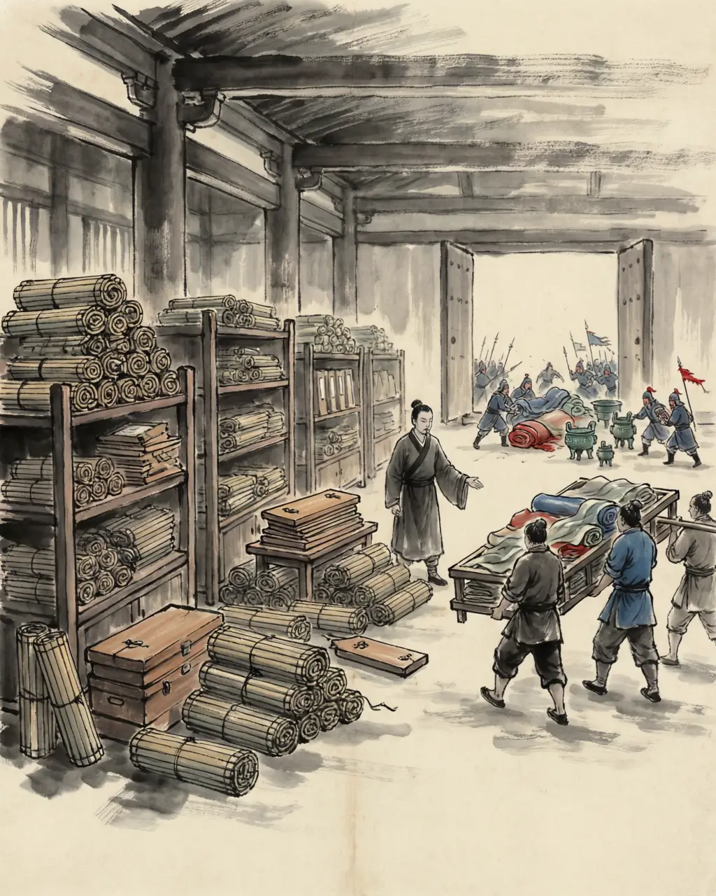 Panel 05: When the gates opened every general ran for the treasuries of gold and silk. One man went to the offices of the chancellor and the censors and took away the law codes, the documents, the registers of households — and had them put away.
