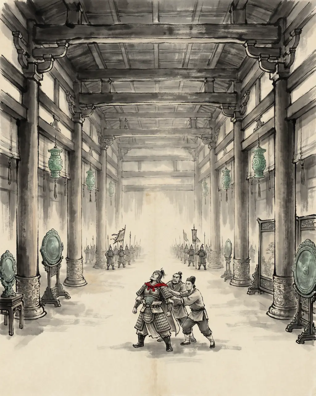 Panel 06: Then Liu Bang walked through the palaces of Xianyang — the curtains, the dogs and horses, the thousand and thousand of treasures, the women — and told his staff he meant to stay in them. Fan Kuai told him to go back out. He would not listen.