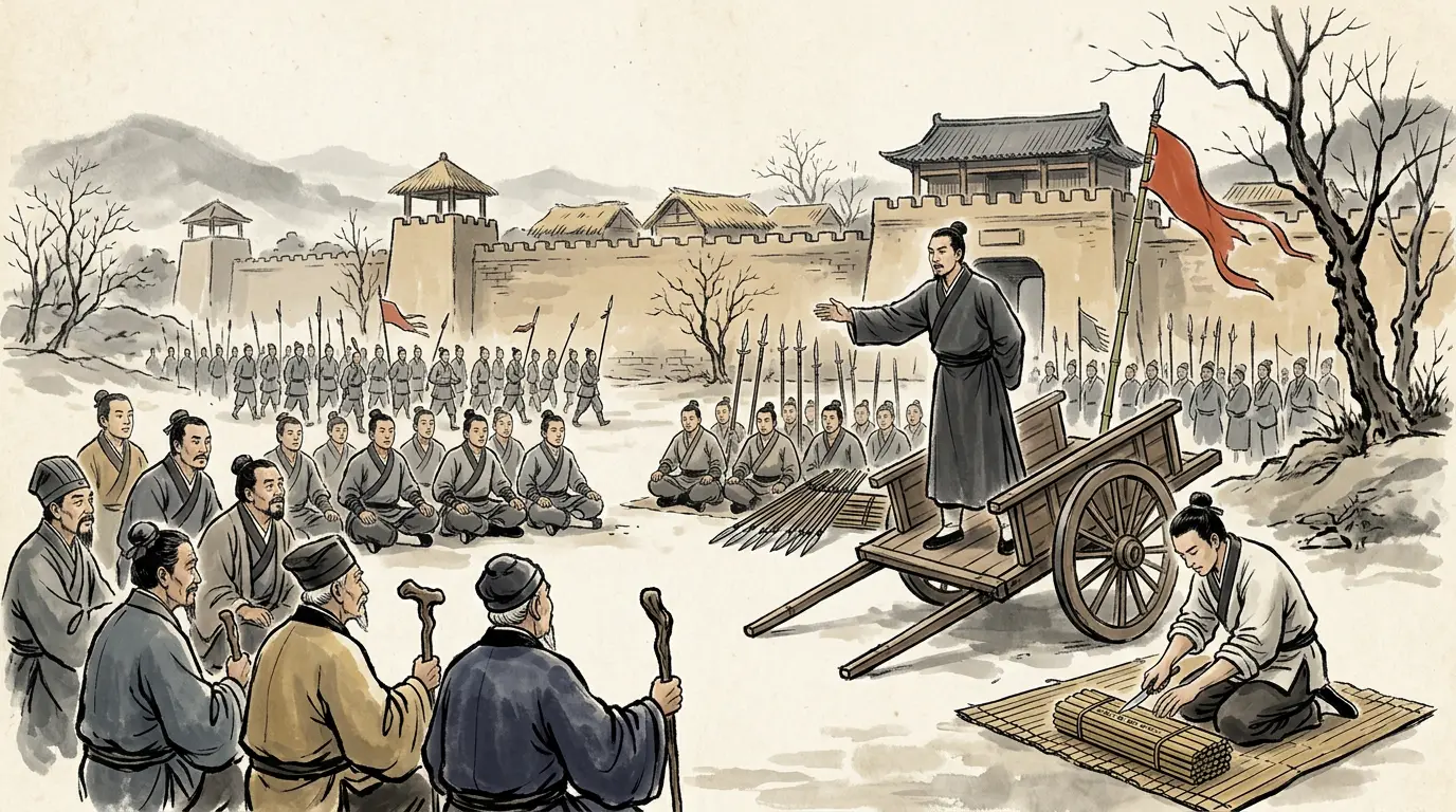 Panel 07: So the army went back out and camped at Bashang, above the city, and the elders and worthies of every county in the region were summoned. He gave them three articles: your Qin law slandered was a clan's death, and talking together in the street was a corpse in the market.