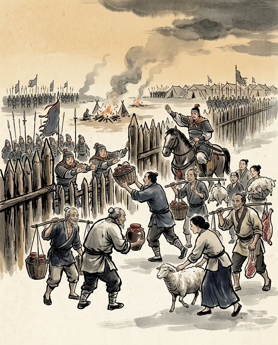 Panel 08: The people of Qin were delighted, and brought oxen, sheep, wine and food to the camp, competing with each other. He refused to take them: the granaries were full, he said, he did not want to cost anyone anything.