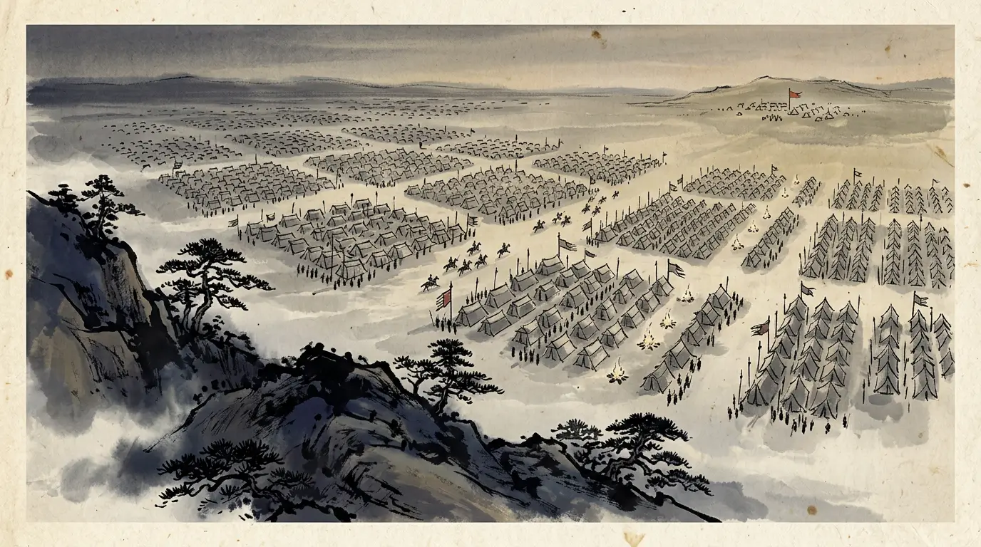 Panel 09: Word came west. Liu Bang meant to make himself king of the region, to keep the Qin king as his chancellor, and to hold all the treasures of the palace. Behind the message stood a man of his own staff. Then four hundred thousand came to Xiji.