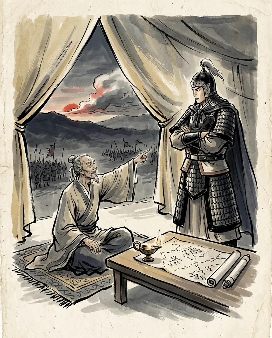 Panel 10: The old man beside Xiang Yu's chair had a different reading of the news. A man who had wanted money and women was now touching neither. That is not reform; that is appetite with a lid on it.