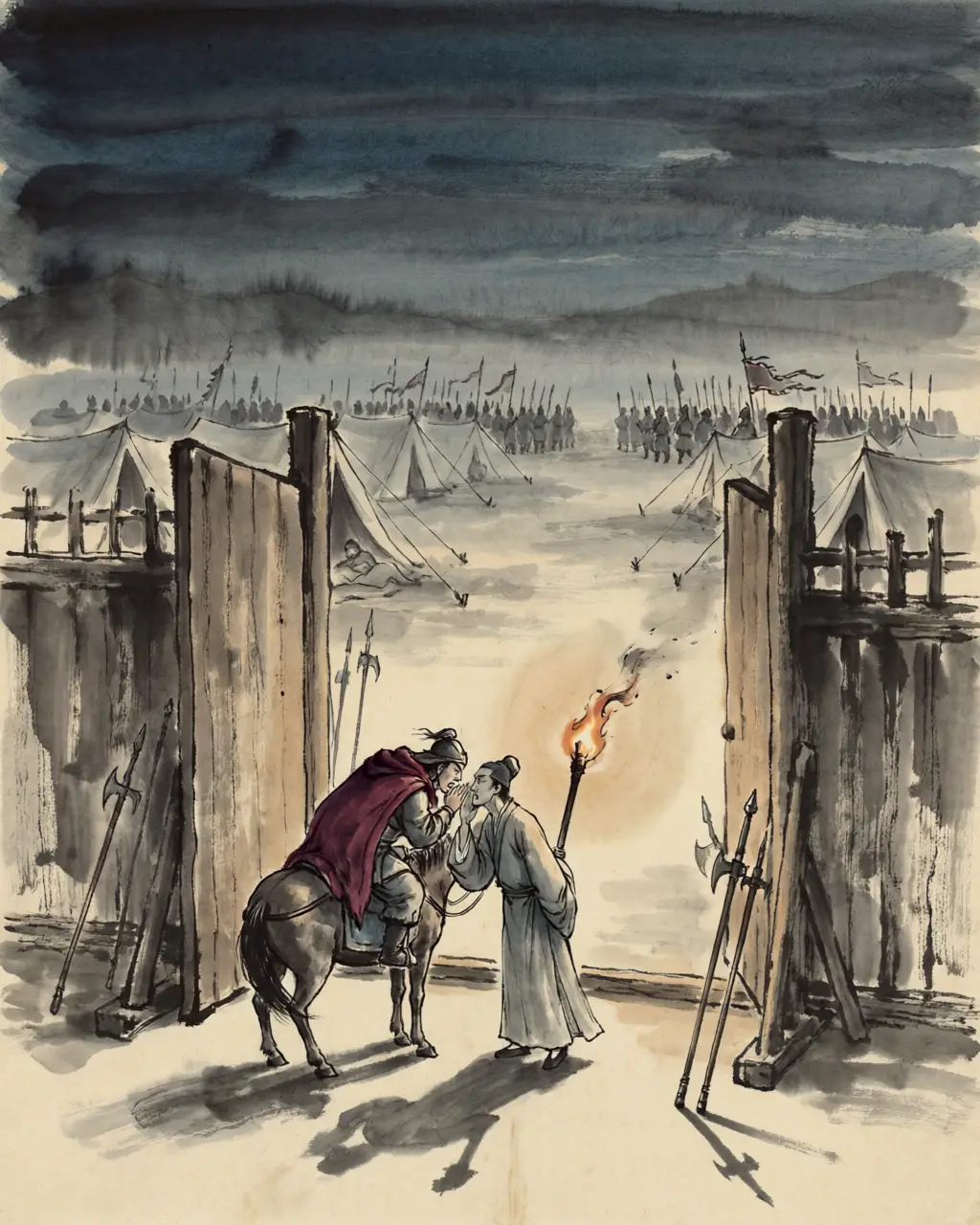 Panel 11: That night a knight of Chu rode to Bashang to beg an old friend to run away with him. The friend was Liu Bang's counselor. He said he could not be seen deserting a man in danger, and went to report the visit.