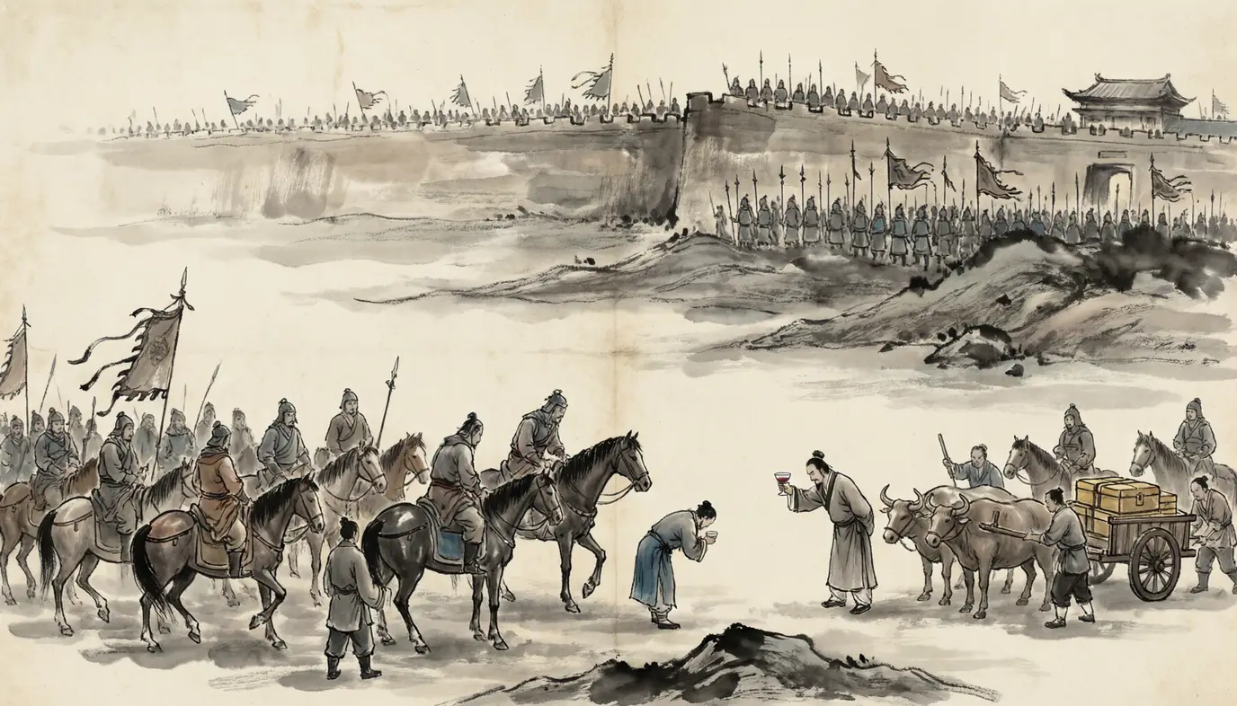 Panel 12: At dawn Liu Bang came with a hundred and odd horsemen to the gate at Hong Gate, raised a cup of long life, and swore himself of the family of Xiang Bo. They had broken Qin together, he said; he had not expected to be the one who got in first — and now a petty man had put a gap between them.