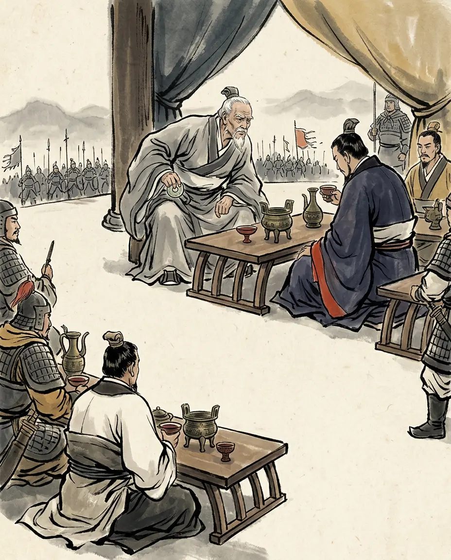 Panel 13: They drank. Fan Zeng kept looking at Xiang Yu, and three times lifted the jade ring-slice from his belt. The word for the ring-slice sounds like the word for cutting a thing through; the histories do not say that aloud, but everyone at the table heard the gesture.