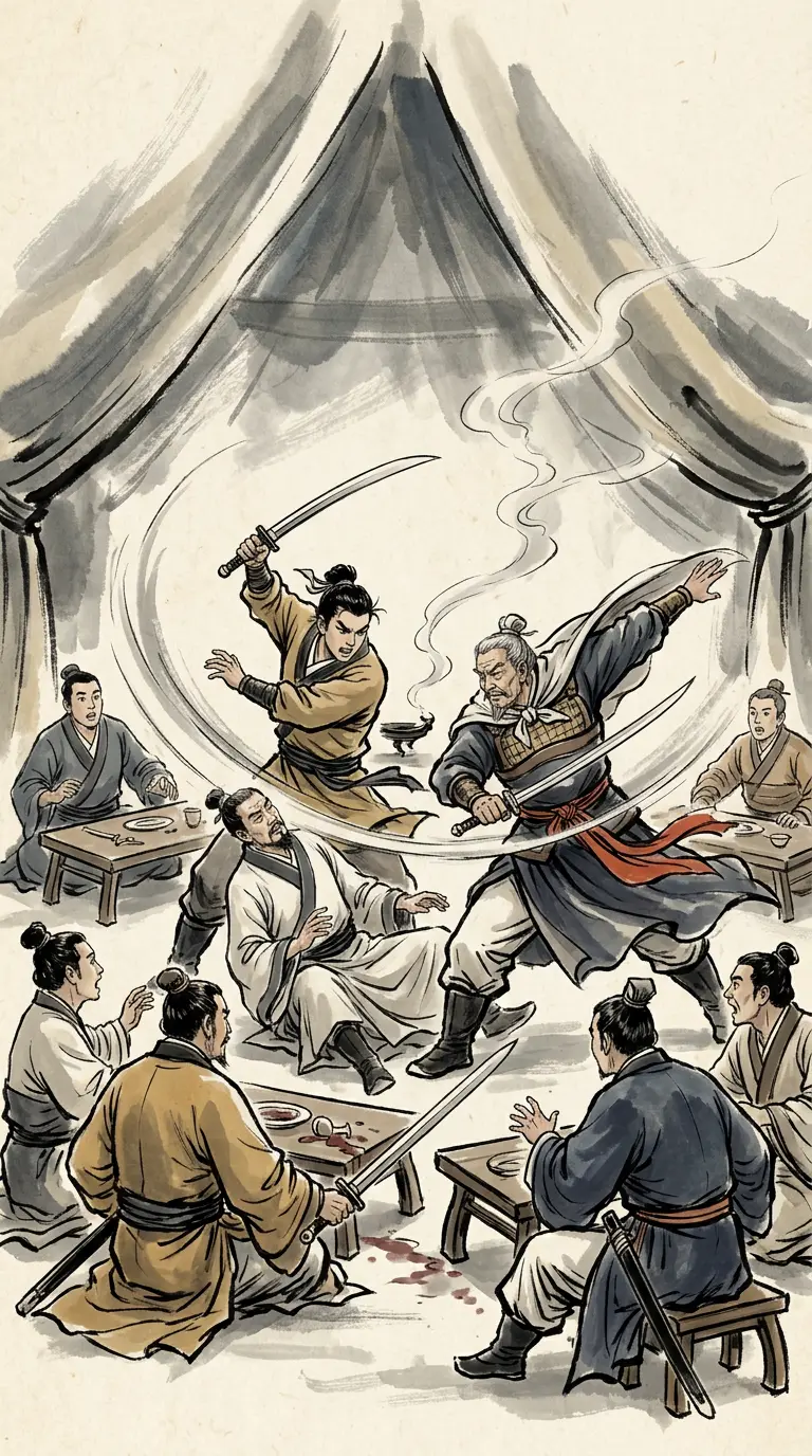 Panel 14: For a while the banquet was only two swordsmanship displays going on at once, in the middle of a room of seated guests who were all watching the man being cut at.