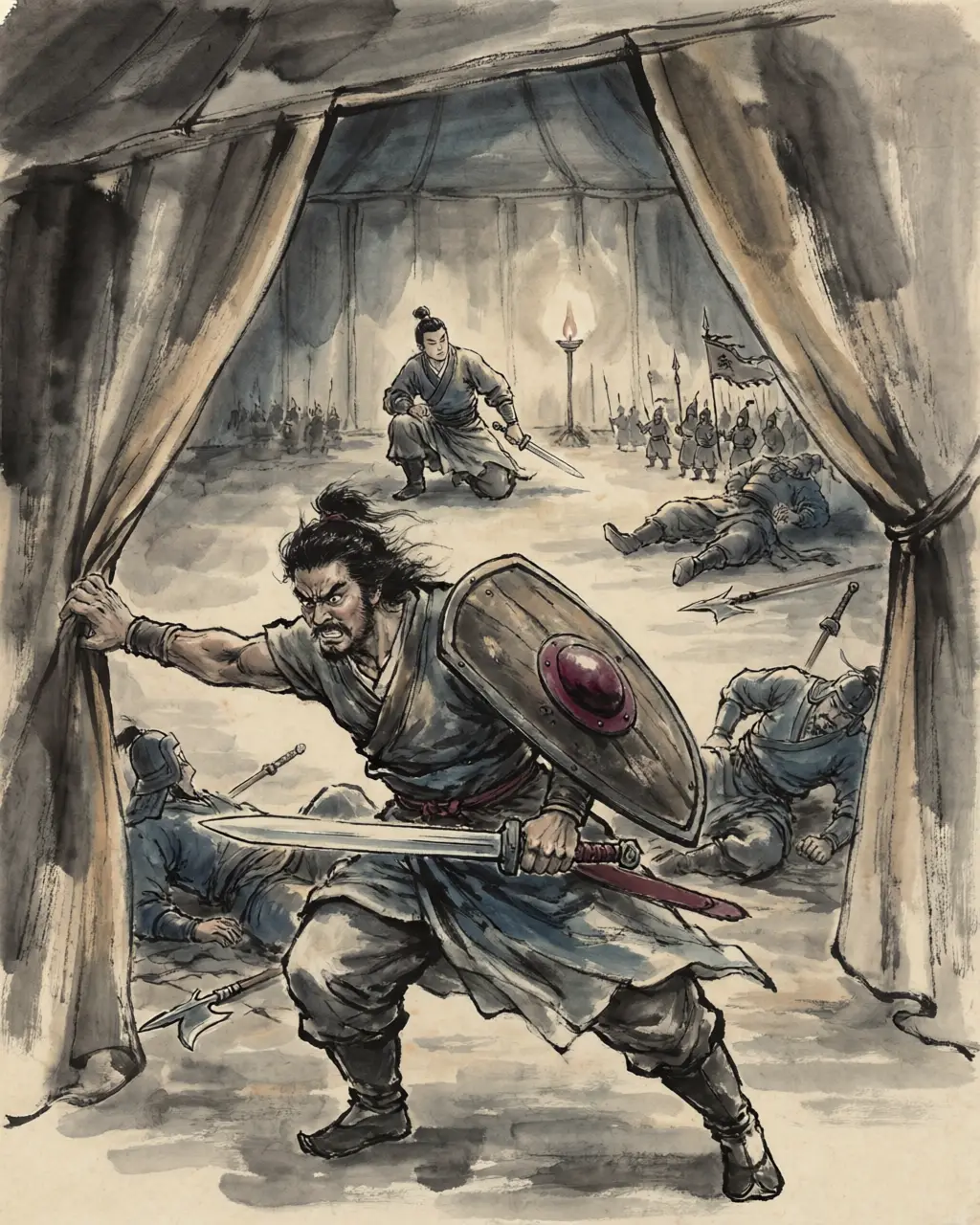 Panel 15: Fan Kuai came in with his shield slung on his shoulder, knocked the halberdiers down at the gate, parted the tent curtain, and stood facing east with his hair bristling up and his eyes about to split. Xiang Yu's hand went to his sword and he sat up on his knees.