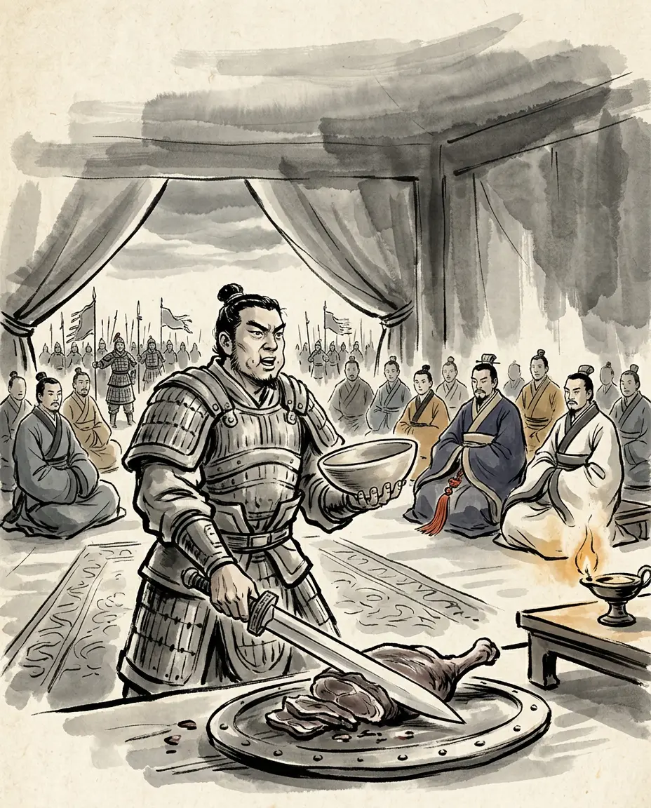 Panel 16: He put his shield face down on the ground, laid the raw shoulder on it, drew his sword, cut, and ate. Then he raised the bowl, drained it, and answered his host's question with a speech.