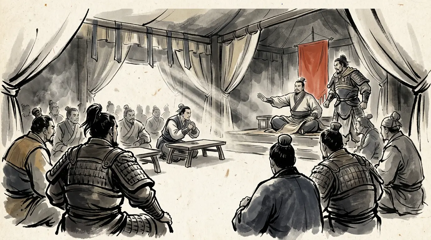 Panel 17: The argument was not an appeal for mercy. The King of Chu had bound every general with one oath — whoever broke the Qin first and entered Xianyang should rule it — and the man now sitting at Xiang Yu's table had done exactly that, and had taken nothing, and had come to explain himself with a hundred horsemen.