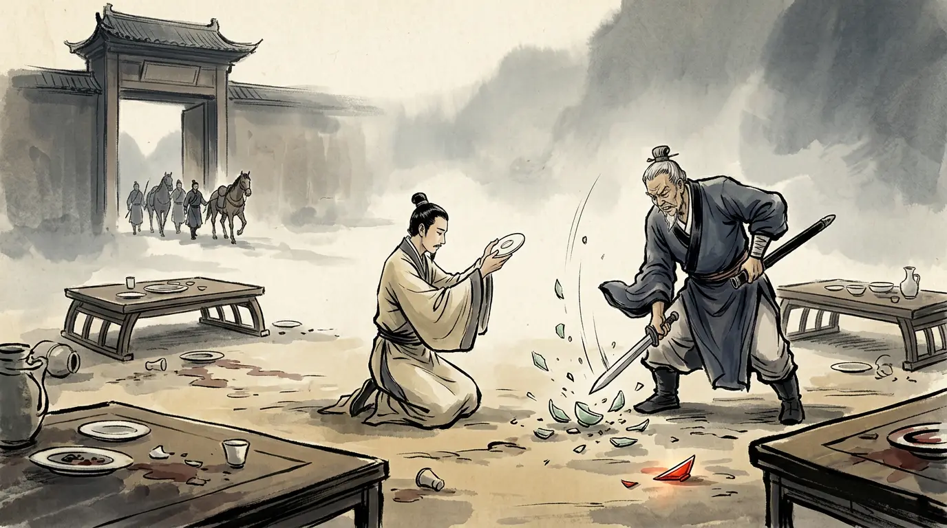 Panel 18: Liu Bang got out at a moment in the drinking, by a mountain road, with four men and no retinue; Zhang Liang stayed to present a pair of jade cups. Xiang Yu took his and set it on the mat. The old man of Juchao threw his on the ground, broke it with his sword, and spoke the sentence the next four years belonged to.
