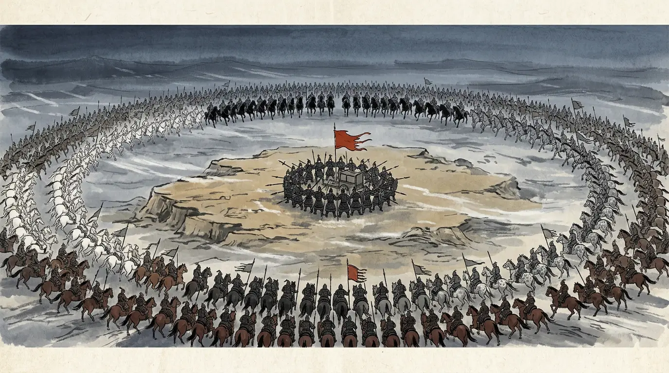 A low tableland in drifting snow at dusk, ringed by Xiongnu horsemen sorted by the colour of their mounts — white to the west, dappled to the east, black to the north, bay to the south — with a small knot of Han infantry and one emperor's banner held inside the ring