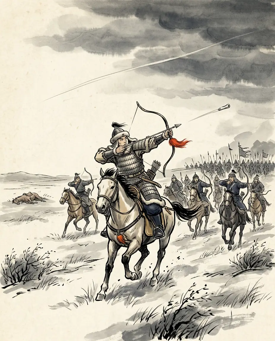 Panel 02: The man he met had been made recently. A steppe prince trained his riders to shoot whatever his whistling arrow shot, on pain of death — then tested the drill on his own best horse and on his own favourite wife, and put the arrow into his father on a hunt.