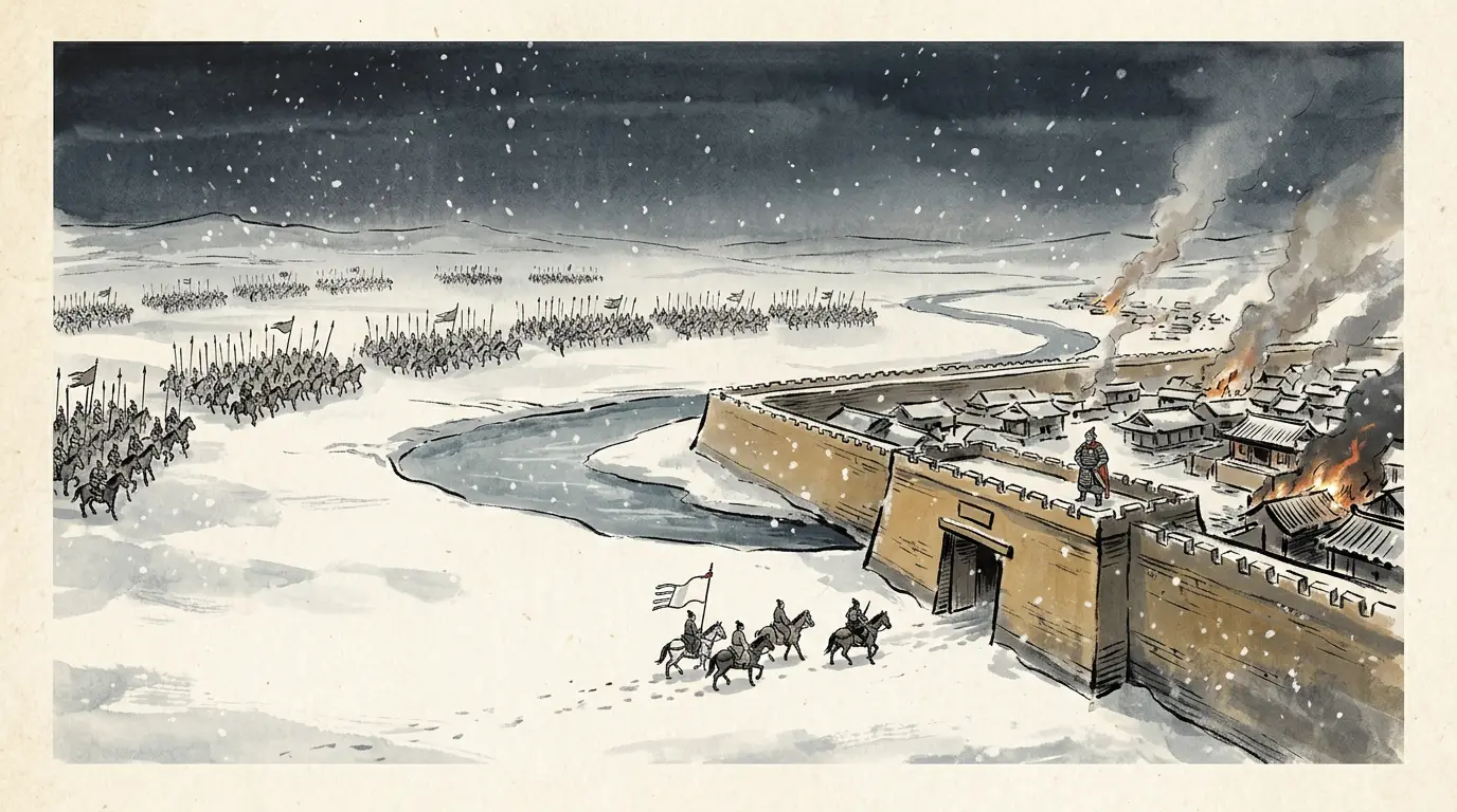 Panel 03: The war was begun by a Han king put on a frontier he could not hold. The court moved him north, let him push his capital forward to Mayi because the old one was too far from the pass — and then, when the Xiongnu closed on Mayi and he treated for peace through secret envoys, sent a reproach instead of a relief.