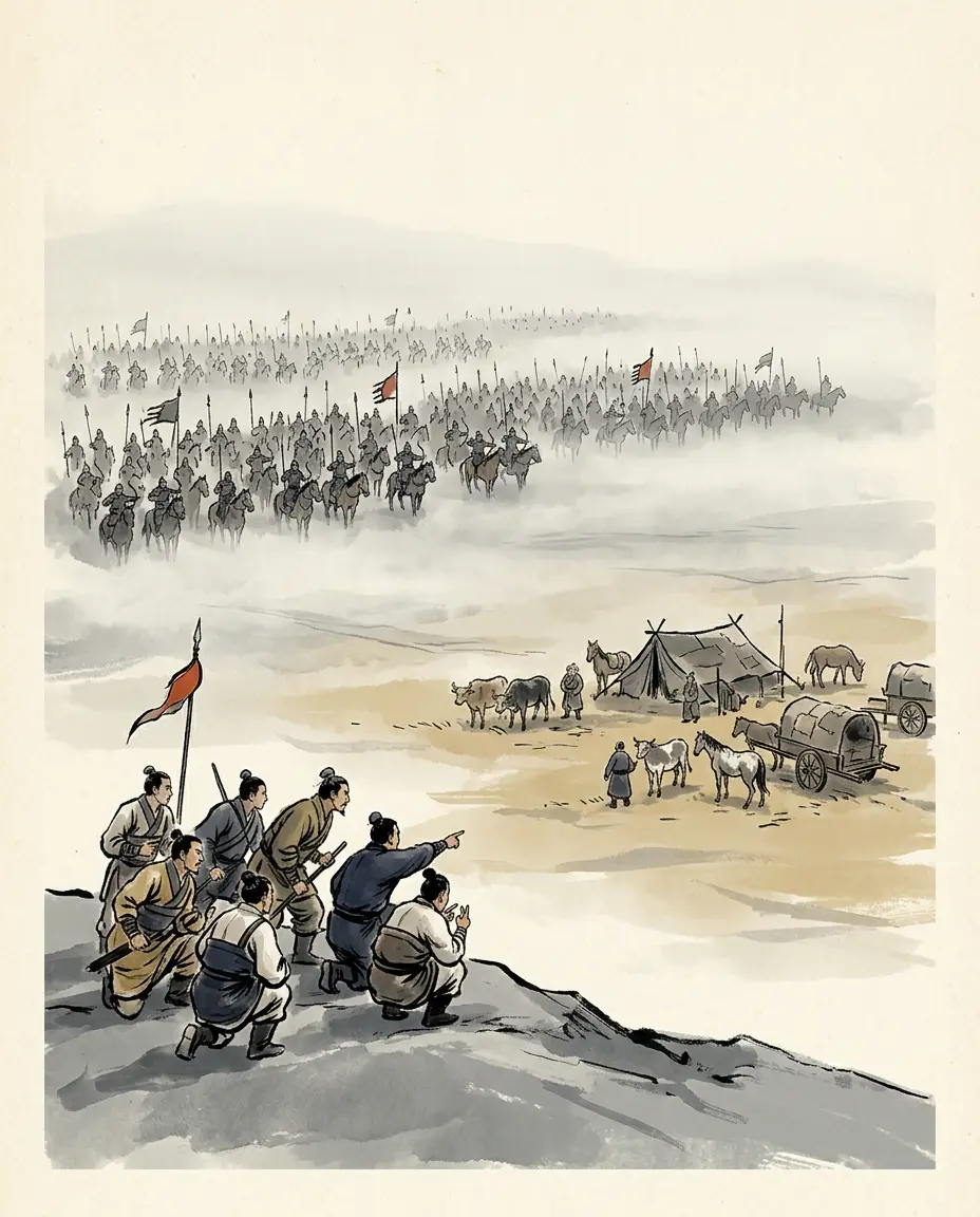 Panel 04: Before marching, the emperor sent people to look at the enemy. Ten parties went and came back and said the same thing: old men, starving cattle, it can be done. The last one back said that was the bait.