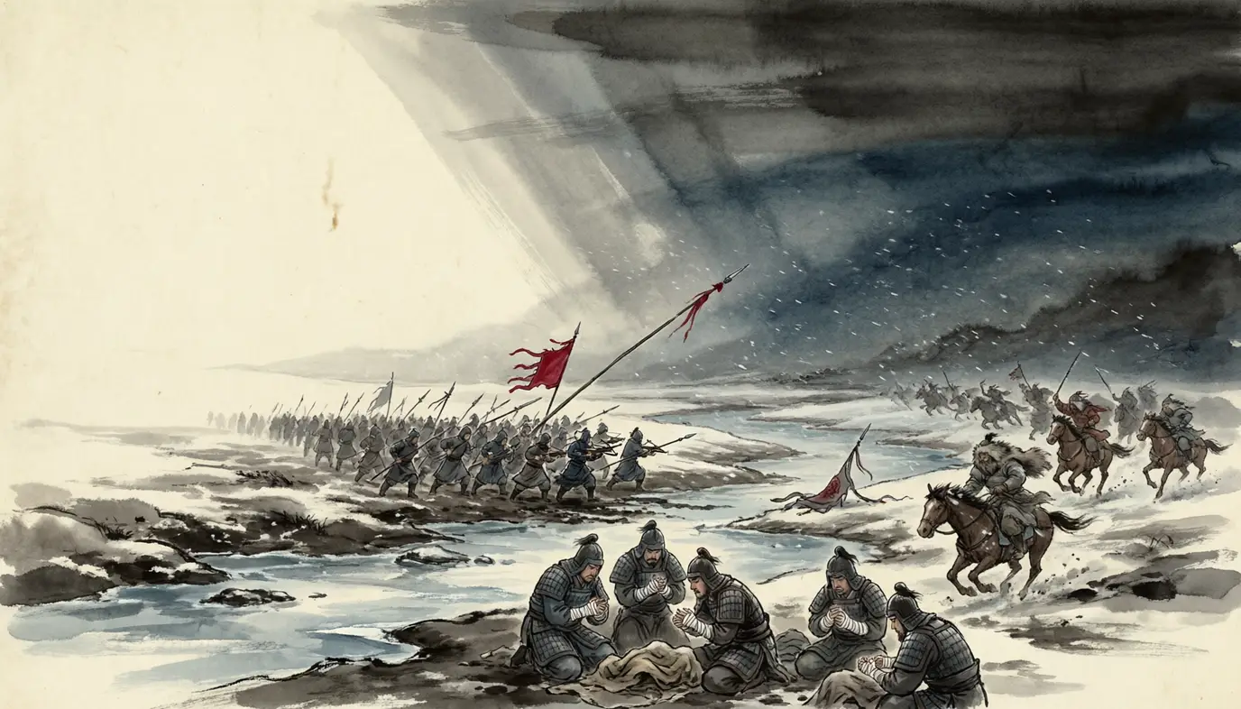 Panel 05: In the tenth month the emperor took Tongdi and beheaded one of Han Xin's generals, and the pursuit ran on past Jinyang and up to Loufan, every report a rout. Then the rain and snow came. The histories say two or three soldiers in ten lost fingers.