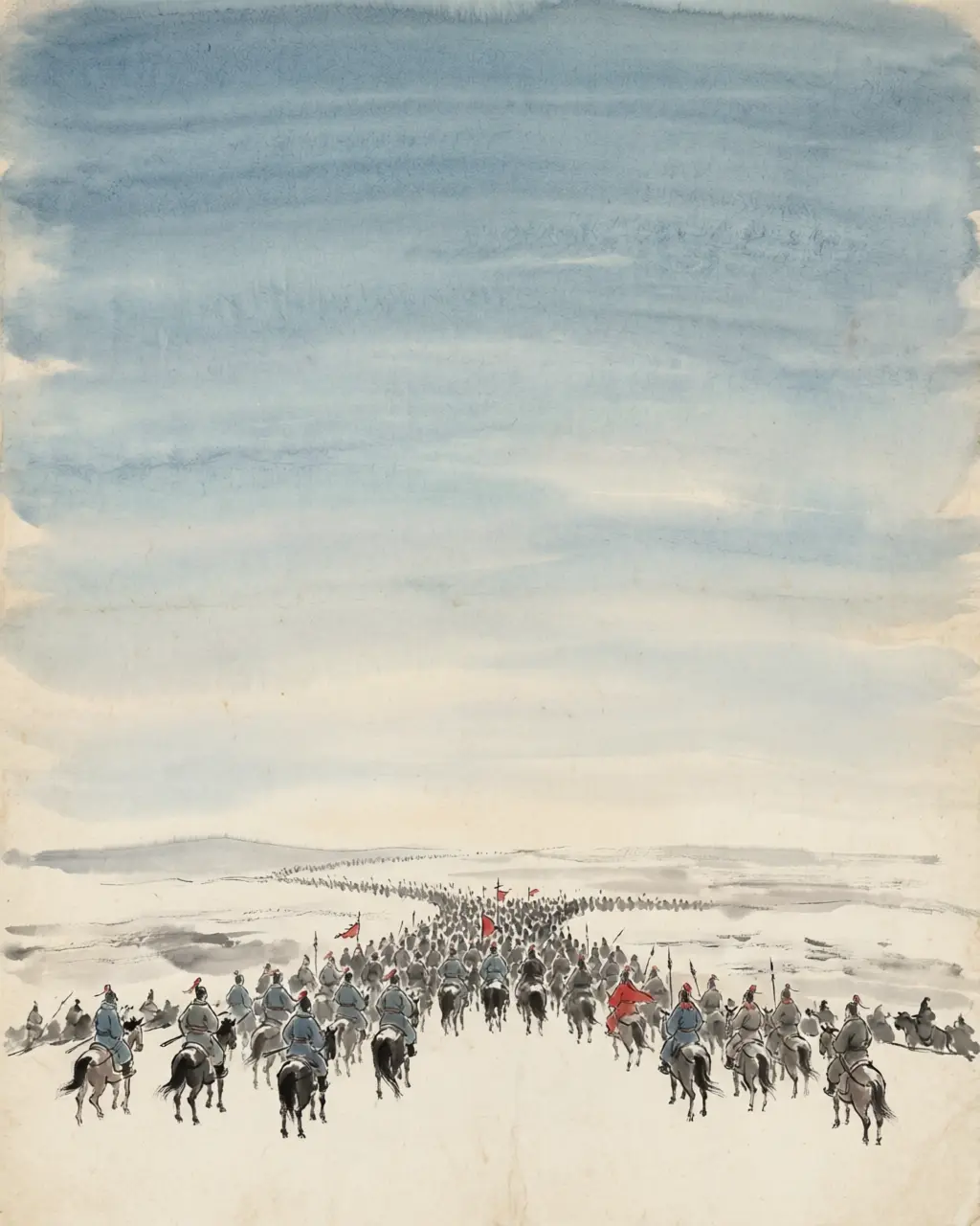 Panel 06: The emperor went on with the advance to Pingcheng. The infantry was still on the road behind him.