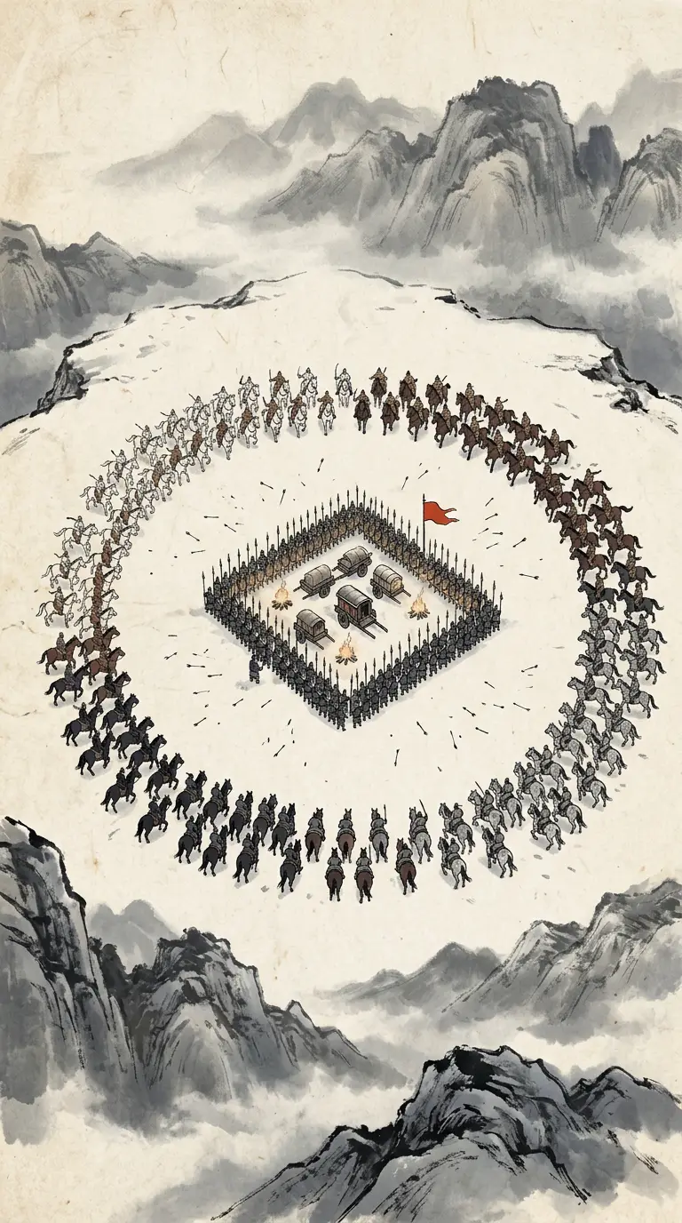 Panel 07: Seven days. The record of those seven days is one line: the army inside the ring and the army outside it could not send each other food.