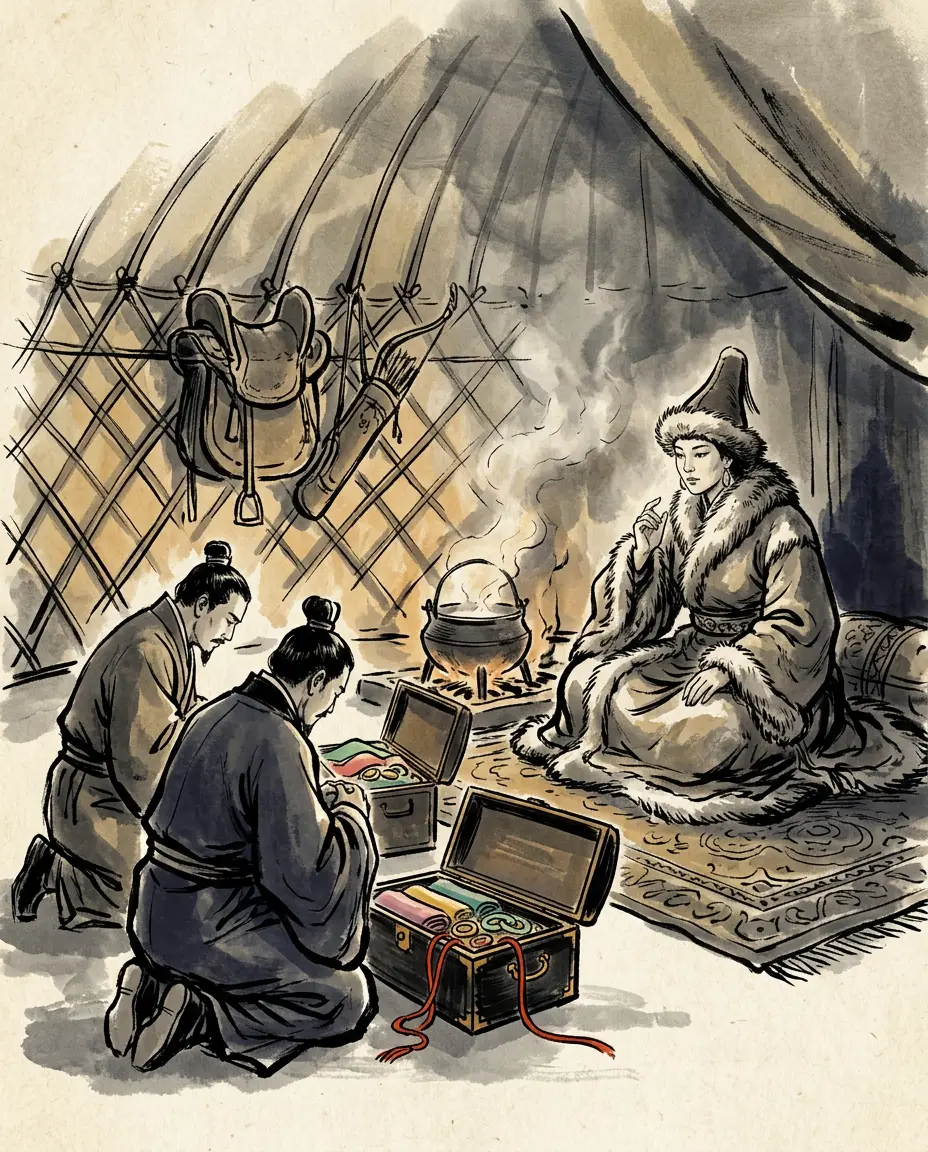Panel 08: Envoys went through the lines with rich gifts for the Chanyu's wife. What she said to her husband is in the record. What it was bought with is not.