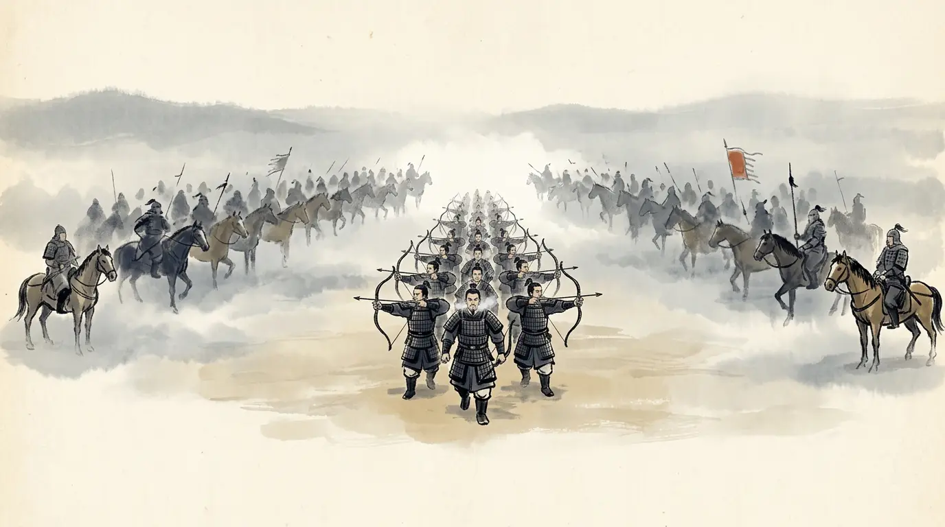 Panel 09: What the breakout was given to be is an order of march. Bows at full draw, two arrows nocked and pointing out of the column, and the whole ring walked through at a pace — at the corner the enemy had left open.