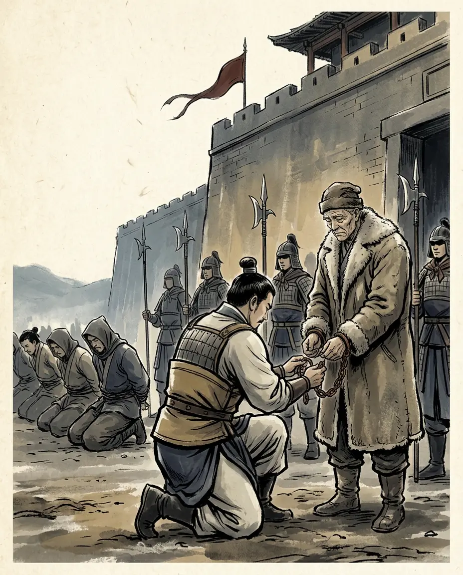 Panel 10: On the road back, at Guangwu, he had the prisoner brought out, took off the man's chains in front of the army, and then said what he had already done to the men who had got him there.