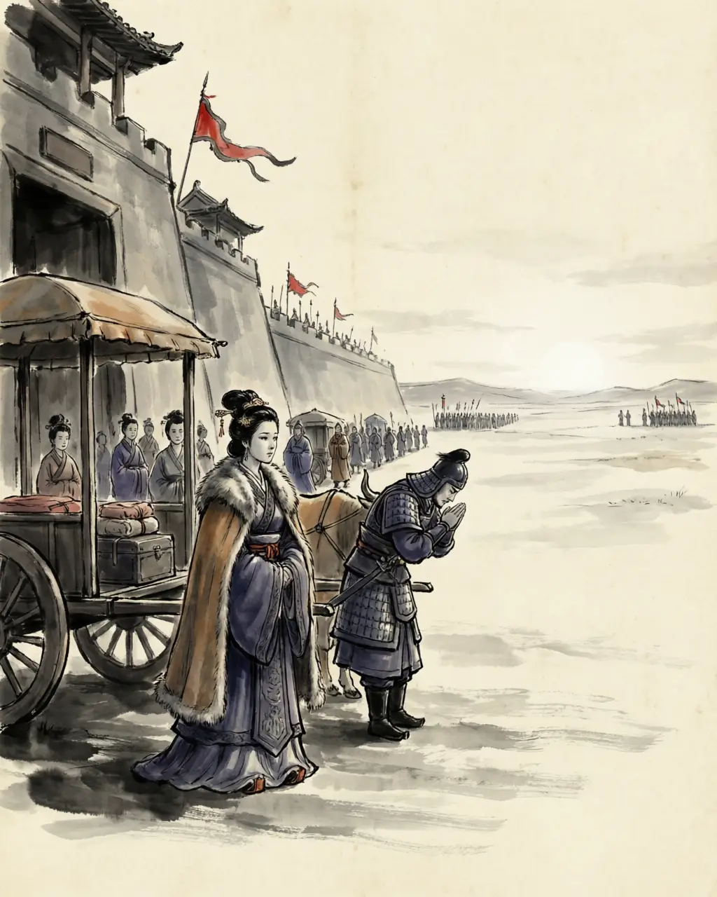 Panel 12: The plan required the emperor's own daughter by the empress — the family's one girl. The empress would not let her go, and the emperor did not insist. A girl of the palace households was named a princess in her place and sent north.